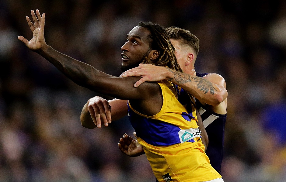 AFL 2019 Round 16 - Fremantle v West Coast PERTH, AUSTRALIA - JULY 06: Nic Naitanui of the Eagles contests a ruck with Rory Lobb of the Dockers during the 2019 AFL round 16 match between the Fremantle Dockers and the West Coast Eagles at the Optus Stadium on July 06, 2019 in Perth, Australia. (Photo by Will Russell/AFL Photos)